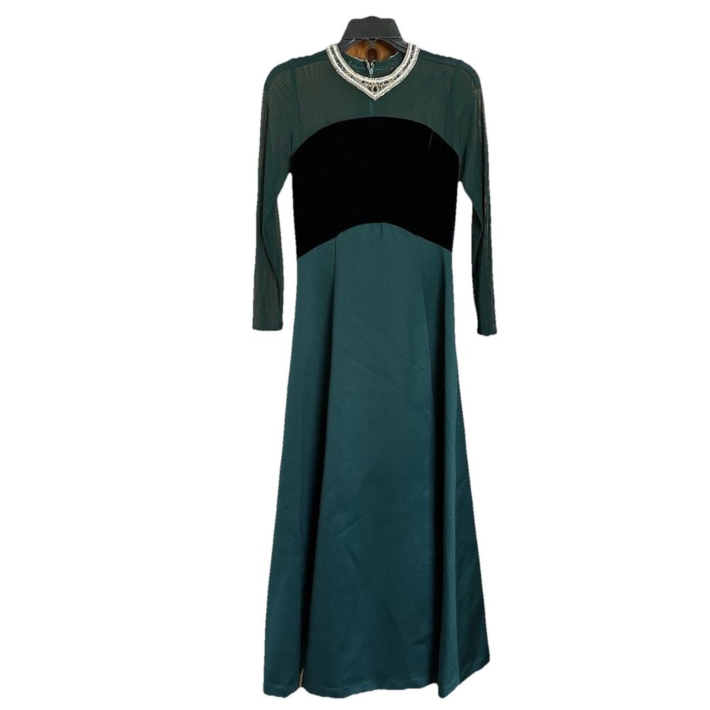 Nah Nah Evening Maxi Formal Gown 6 Green Beaded Velvet Bodice Glam Costume